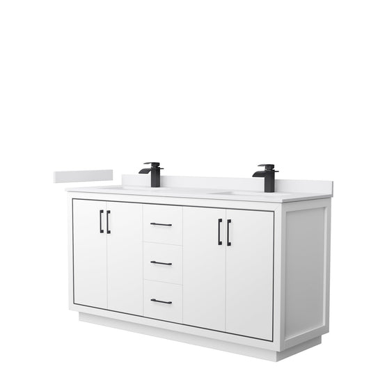 Wyndham Collection Icon 66" Double Bathroom Vanity in White, White Cultured Marble Countertop, Undermount Square Sinks, Matte Black Trim