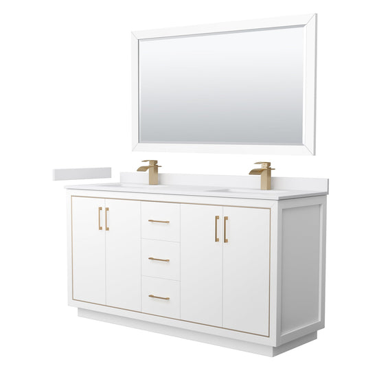 Wyndham Collection Icon 66" Double Bathroom Vanity in White, White Cultured Marble Countertop, Undermount Square Sinks, Satin Bronze Trim, 58" Mirror