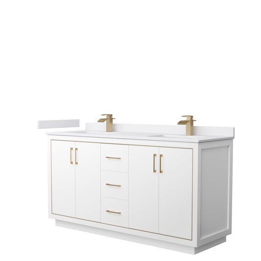 Wyndham Collection Icon 66" Double Bathroom Vanity in White, White Cultured Marble Countertop, Undermount Square Sinks, Satin Bronze Trim