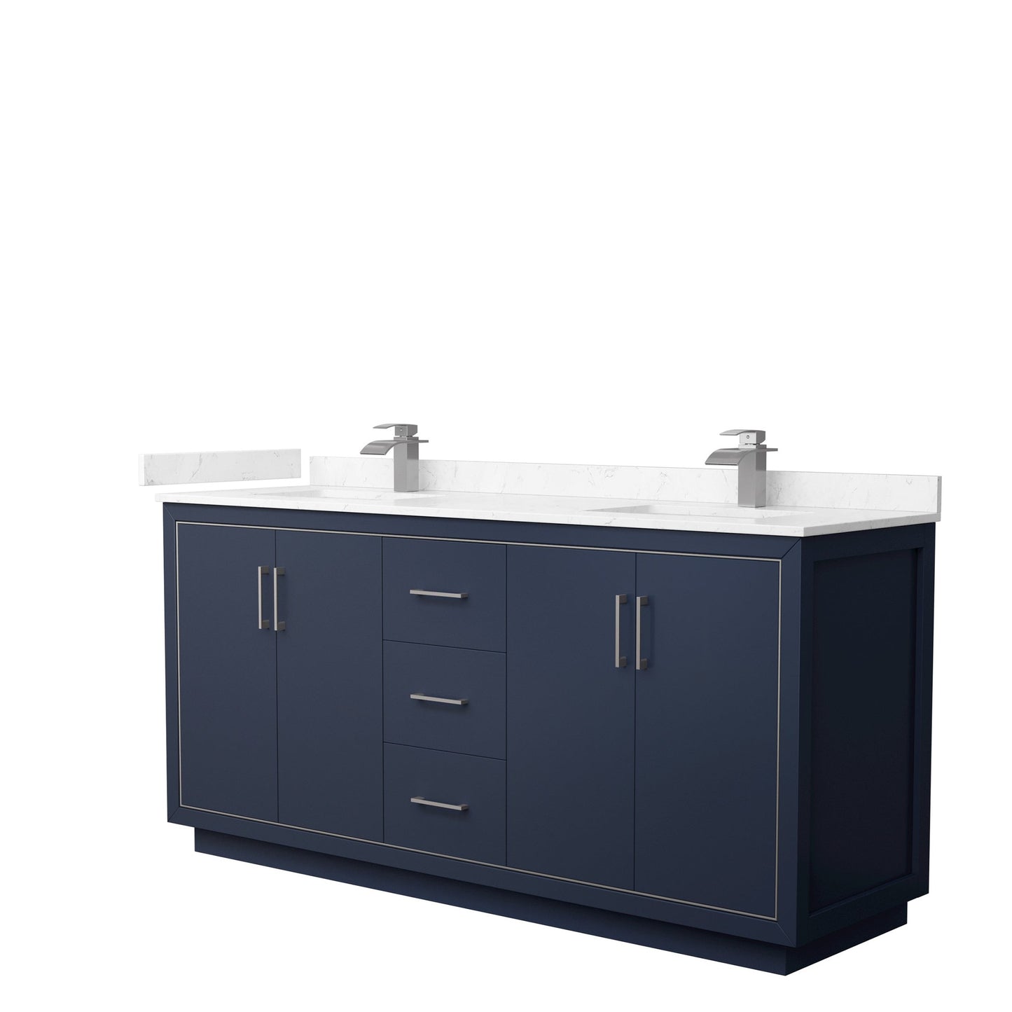 Wyndham Collection Icon 72" Double Bathroom Vanity in Dark Blue, Carrara Cultured Marble Countertop, Undermount Square Sinks, Brushed Nickel Trim