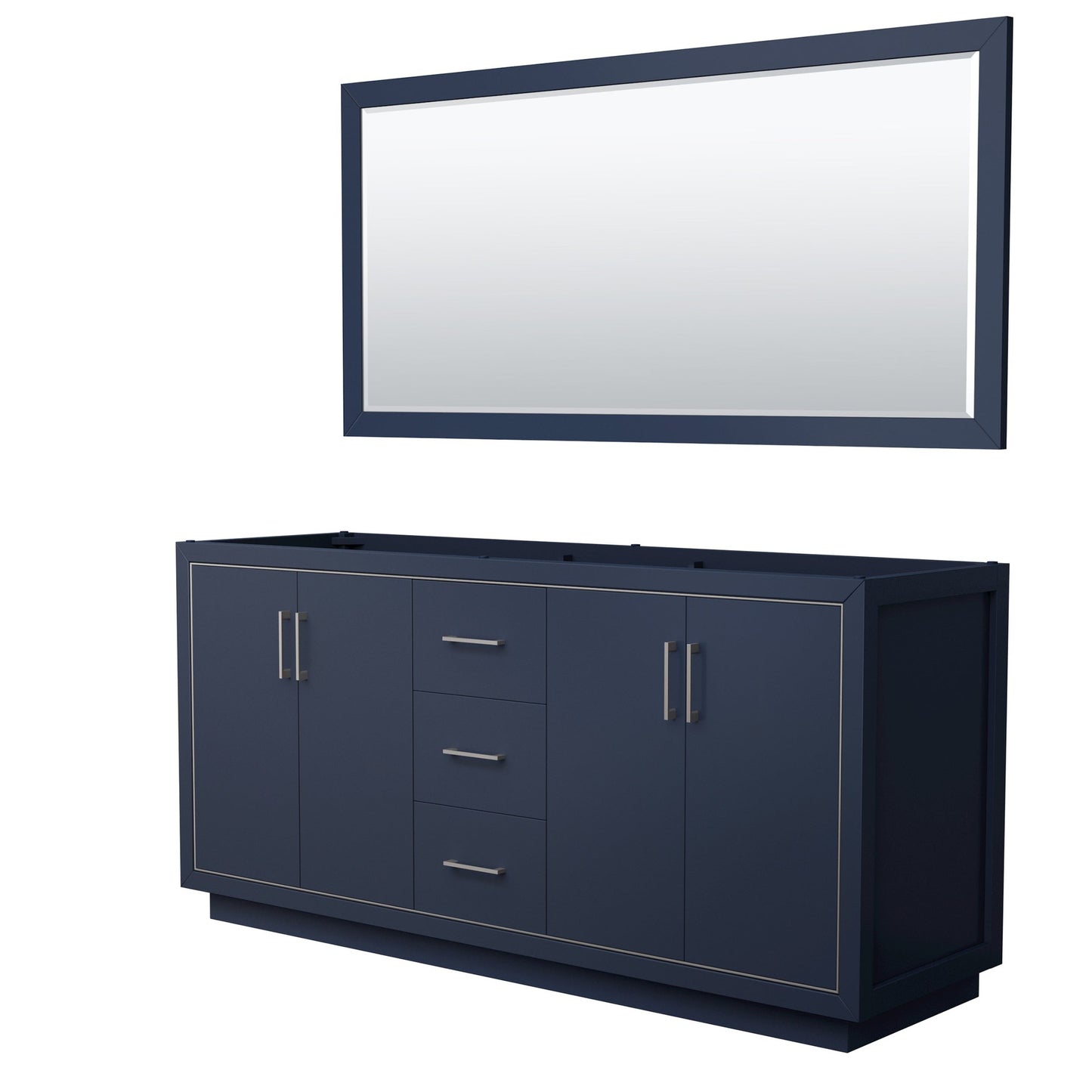 Wyndham Collection Icon 72" Double Bathroom Vanity in Dark Blue, No Countertop, No Sink, Brushed Nickel Trim, 70" Mirror