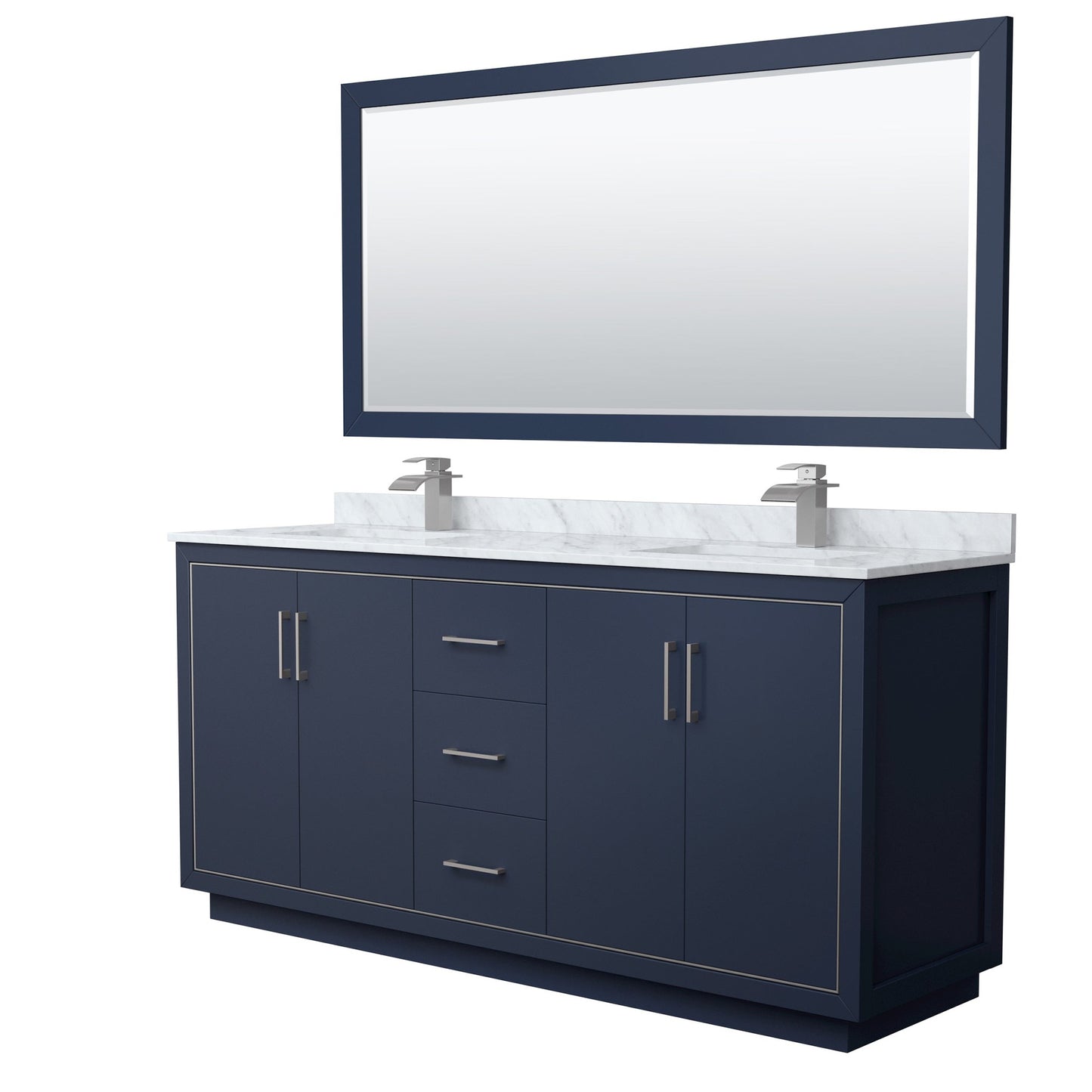 Wyndham Collection Icon 72" Double Bathroom Vanity in Dark Blue, White Carrara Marble Countertop, Undermount Square Sinks, Brushed Nickel Trim, 70" Mirror