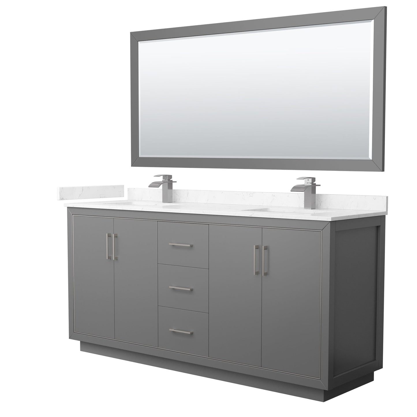 Wyndham Collection Icon 72" Double Bathroom Vanity in Dark Gray, Carrara Cultured Marble Countertop, Undermount Square Sinks, Brushed Nickel Trim, 70" Mirror