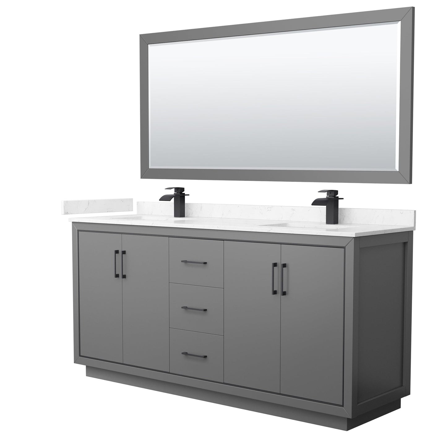 Wyndham Collection Icon 72" Double Bathroom Vanity in Dark Gray, Carrara Cultured Marble Countertop, Undermount Square Sinks, Matte Black Trim, 70" Mirror