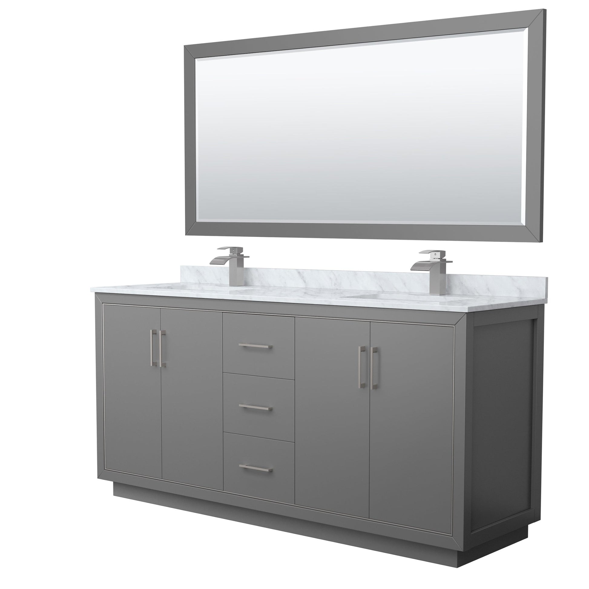 Wyndham Collection Icon 72" Double Bathroom Vanity in Dark Gray, White Carrara Marble Countertop, Undermount Square Sinks, Brushed Nickel Trim, 70" Mirror
