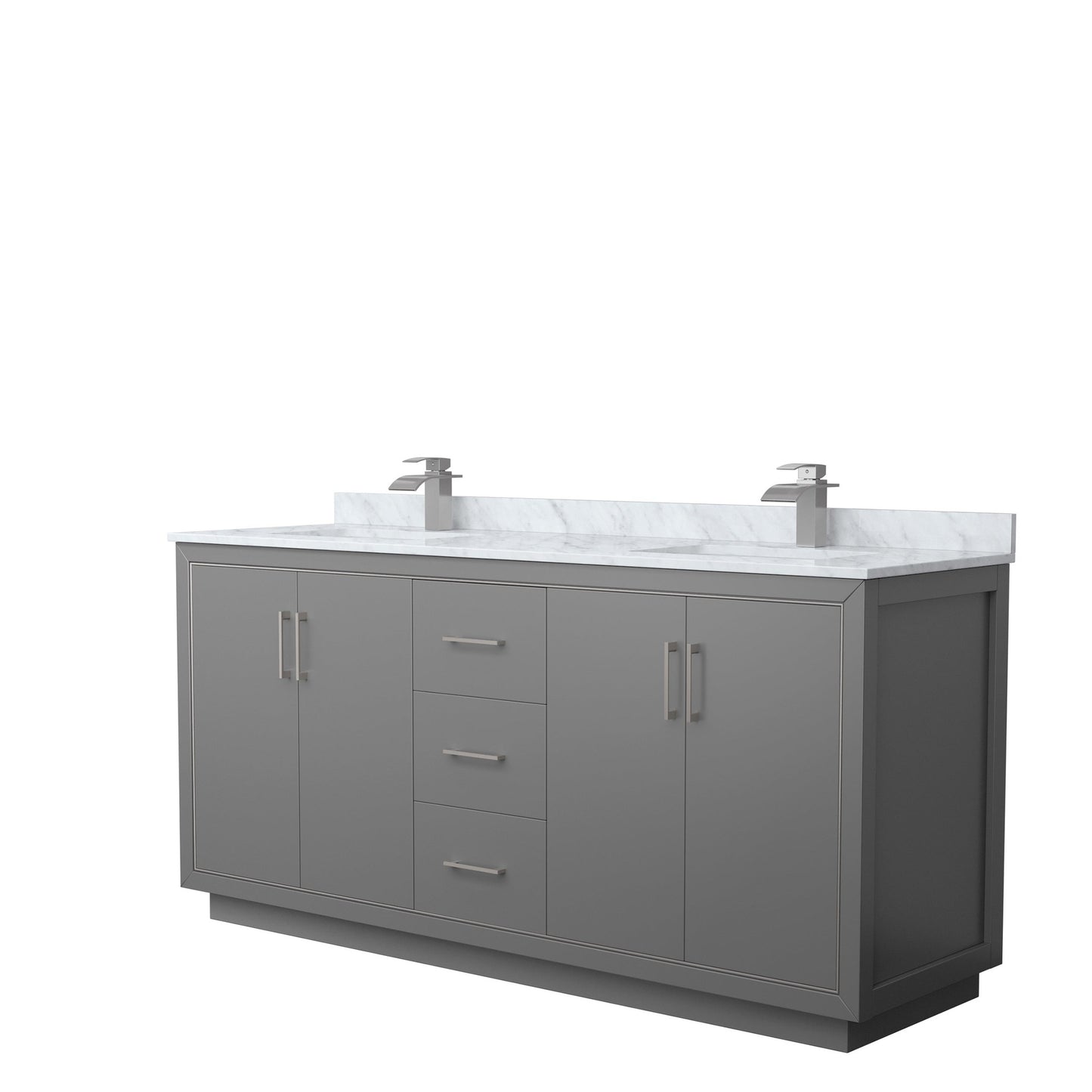 Wyndham Collection Icon 72" Double Bathroom Vanity in Dark Gray, White Carrara Marble Countertop, Undermount Square Sinks, Brushed Nickel Trim
