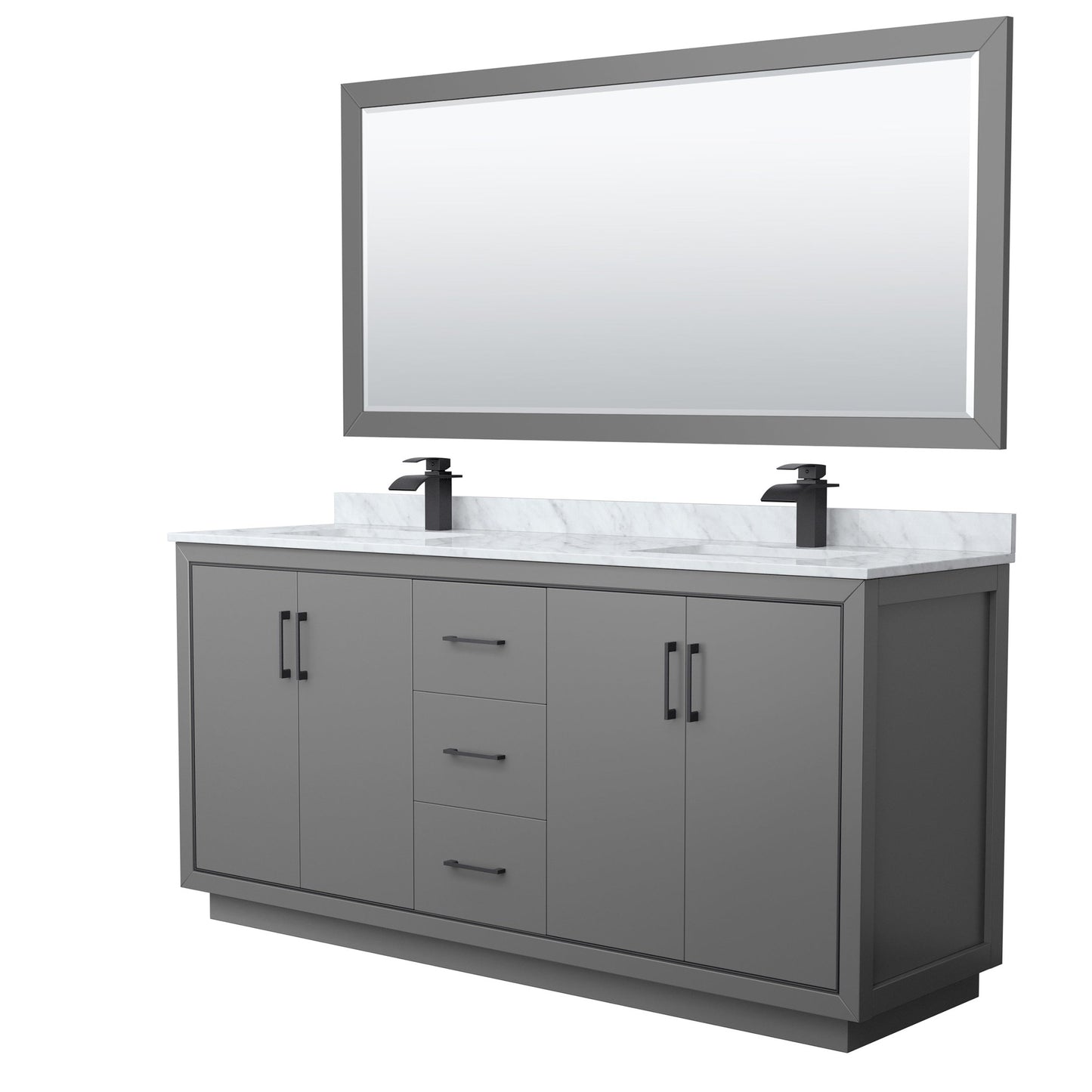 Wyndham Collection Icon 72" Double Bathroom Vanity in Dark Gray, White Carrara Marble Countertop, Undermount Square Sinks, Matte Black Trim, 70" Mirror
