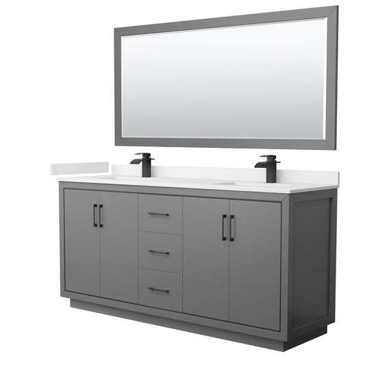 Wyndham Collection Icon 72" Double Bathroom Vanity in Dark Gray, White Cultured Marble Countertop, Undermount Square Sinks, Matte Black Trim, 70" Mirror