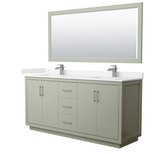 Wyndham Collection Icon 72" Double Bathroom Vanity in Light Green, Carrara Cultured Marble Countertop, Undermount Square Sinks, Brushed Nickel Trim, 70" Mirror