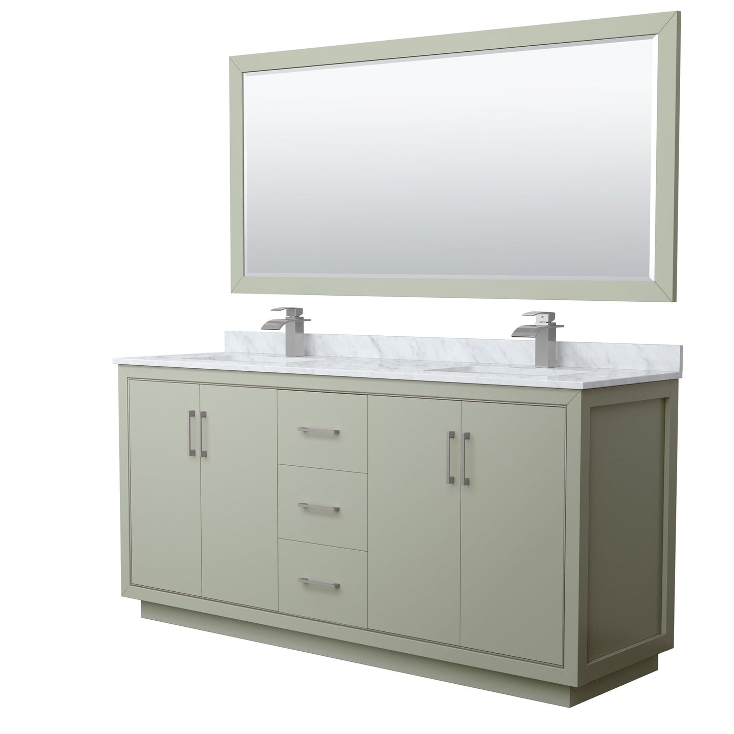 Wyndham Collection Icon 72" Double Bathroom Vanity in Light Green, White Carrara Marble Countertop, Undermount Square Sinks, Brushed Nickel Trim, 70" Mirror