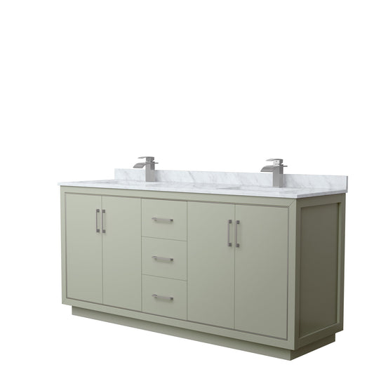 Wyndham Collection Icon 72" Double Bathroom Vanity in Light Green, White Carrara Marble Countertop, Undermount Square Sinks, Brushed Nickel Trim