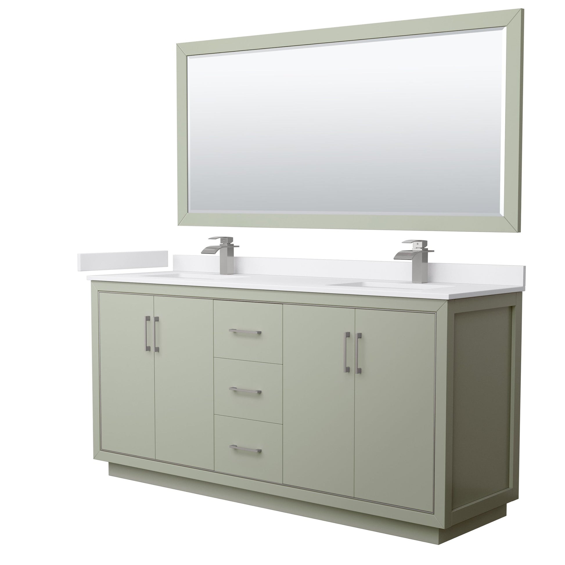 Wyndham Collection Icon 72" Double Bathroom Vanity in Light Green, White Cultured Marble Countertop, Undermount Square Sinks, Brushed Nickel Trim, 70" Mirror