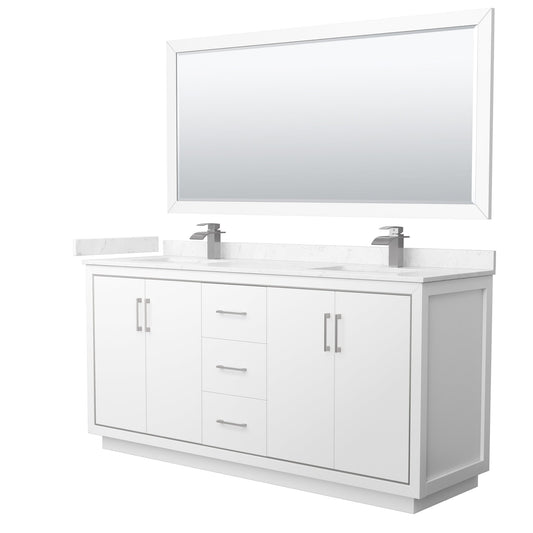 Wyndham Collection Icon 72" Double Bathroom Vanity in White, Carrara Cultured Marble Countertop, Undermount Square Sinks, Brushed Nickel Trim, 70" Mirror
