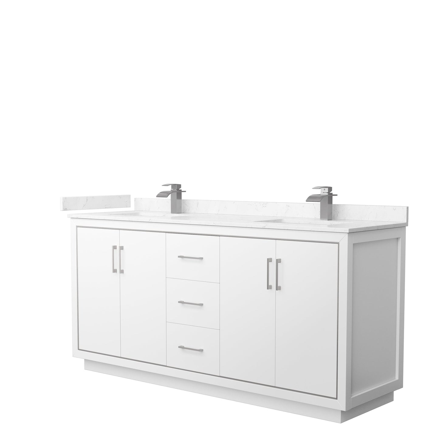 Wyndham Collection Icon 72" Double Bathroom Vanity in White, Carrara Cultured Marble Countertop, Undermount Square Sinks, Brushed Nickel Trim
