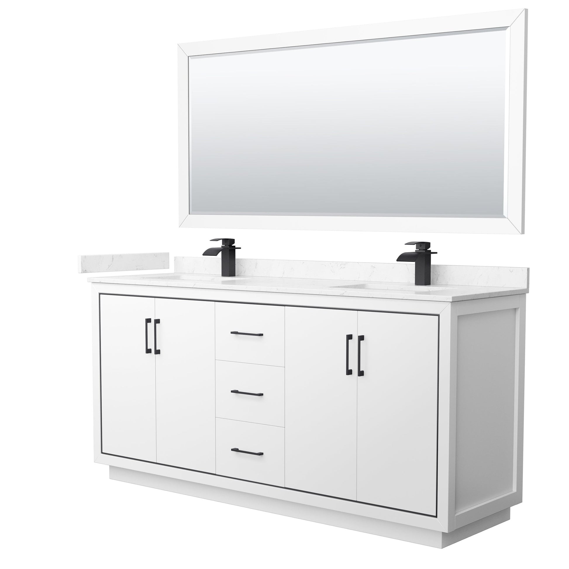 Wyndham Collection Icon 72" Double Bathroom Vanity in White, Carrara Cultured Marble Countertop, Undermount Square Sinks, Matte Black Trim, 70" Mirror