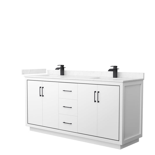 Wyndham Collection Icon 72" Double Bathroom Vanity in White, Carrara Cultured Marble Countertop, Undermount Square Sinks, Matte Black Trim