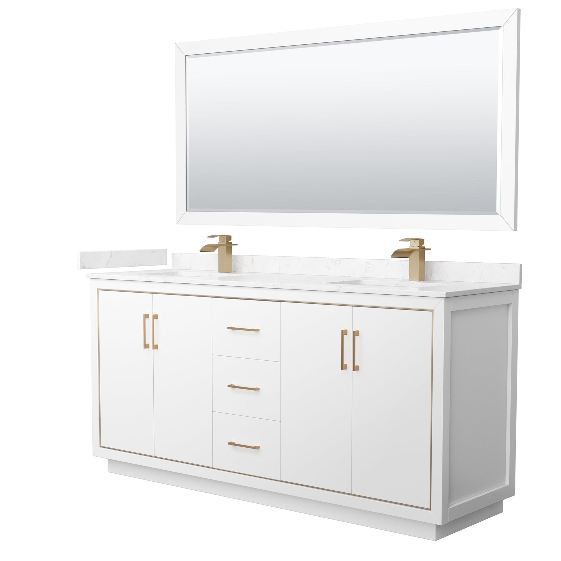 Wyndham Collection Icon 72" Double Bathroom Vanity in White, Carrara Cultured Marble Countertop, Undermount Square Sinks, Satin Bronze Trim, 70" Mirror