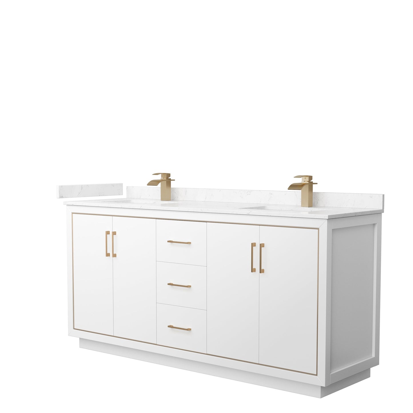 Wyndham Collection Icon 72" Double Bathroom Vanity in White, Carrara Cultured Marble Countertop, Undermount Square Sinks, Satin Bronze Trim