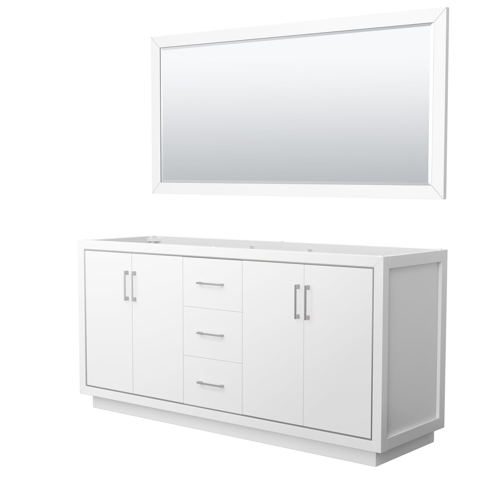 Wyndham Collection Icon 72" Double Bathroom Vanity in White, No Countertop, No Sink, Brushed Nickel Trim, 70" Mirror