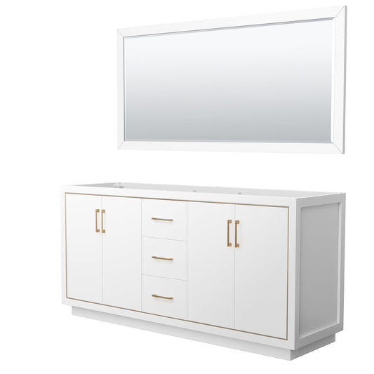 Wyndham Collection Icon 72" Double Bathroom Vanity in White, No Countertop, No Sink, Satin Bronze Trim, 70" Mirror