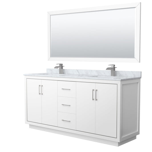 Wyndham Collection Icon 72" Double Bathroom Vanity in White, White Carrara Marble Countertop, Undermount Square Sinks, Brushed Nickel Trim, 70" Mirror