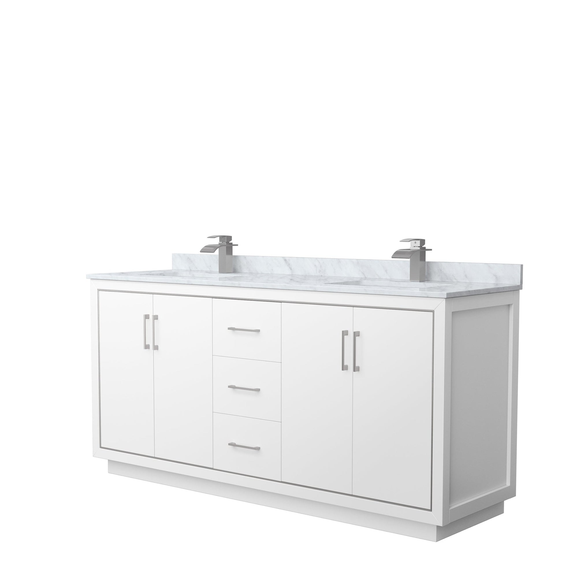 Wyndham Collection Icon 72" Double Bathroom Vanity in White, White Carrara Marble Countertop, Undermount Square Sinks, Brushed Nickel Trim