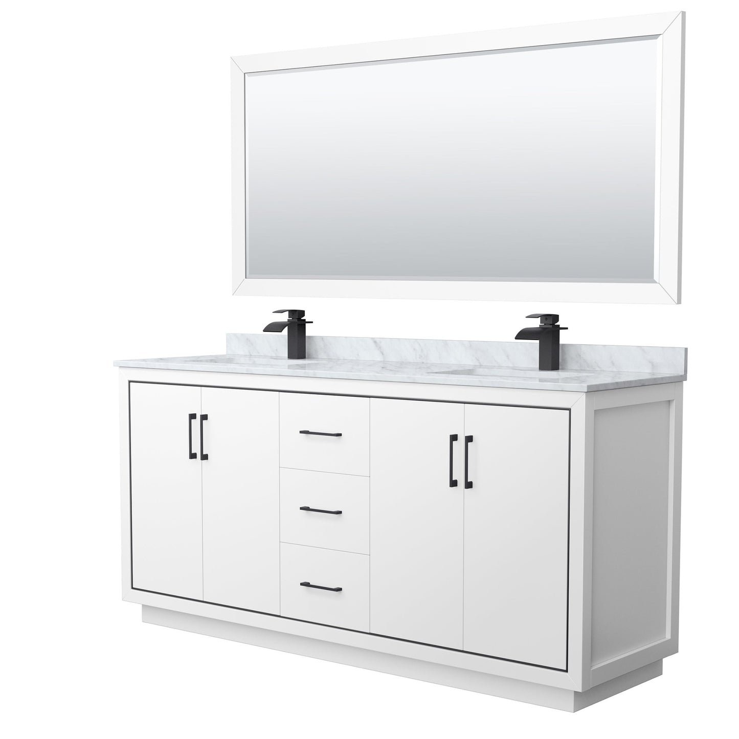 Wyndham Collection Icon 72" Double Bathroom Vanity in White, White Carrara Marble Countertop, Undermount Square Sinks, Matte Black Trim, 70" Mirror