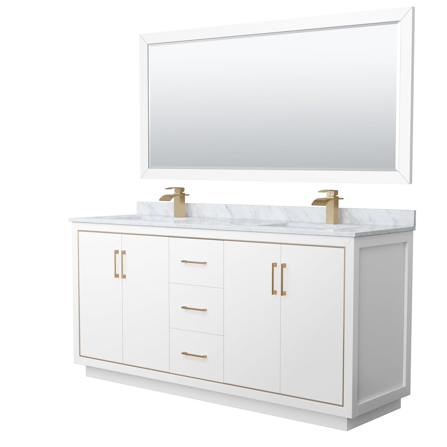 Wyndham Collection Icon 72" Double Bathroom Vanity in White, White Carrara Marble Countertop, Undermount Square Sinks, Satin Bronze Trim, 70" Mirror