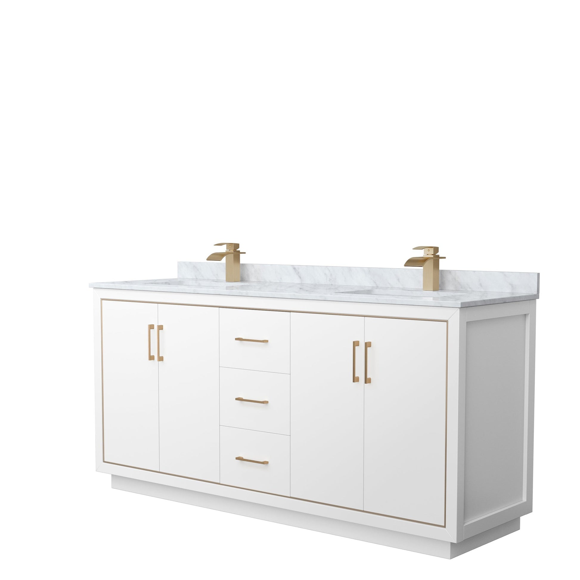 Wyndham Collection Icon 72" Double Bathroom Vanity in White, White Carrara Marble Countertop, Undermount Square Sinks, Satin Bronze Trim