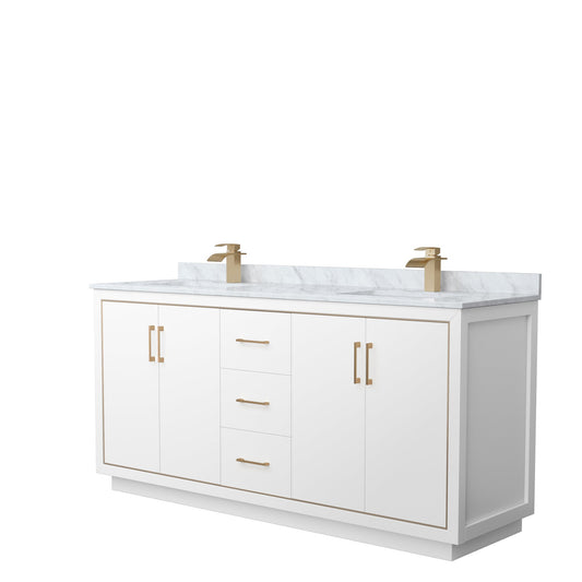 Wyndham Collection Icon 72" Double Bathroom Vanity in White, White Carrara Marble Countertop, Undermount Square Sinks, Satin Bronze Trim