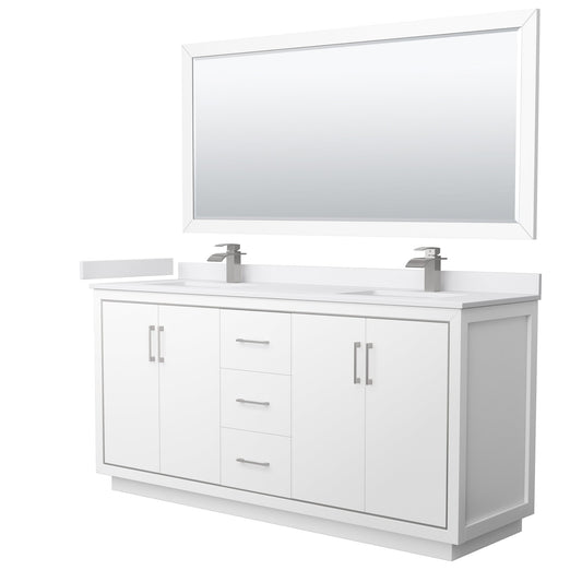 Wyndham Collection Icon 72" Double Bathroom Vanity in White, White Cultured Marble Countertop, Undermount Square Sinks, Brushed Nickel Trim, 70" Mirror