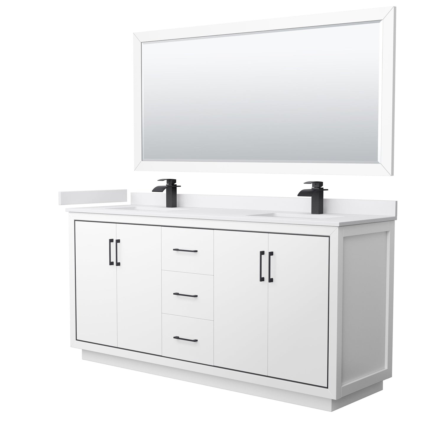 Wyndham Collection Icon 72" Double Bathroom Vanity in White, White Cultured Marble Countertop, Undermount Square Sinks, Matte Black Trim, 70" Mirror