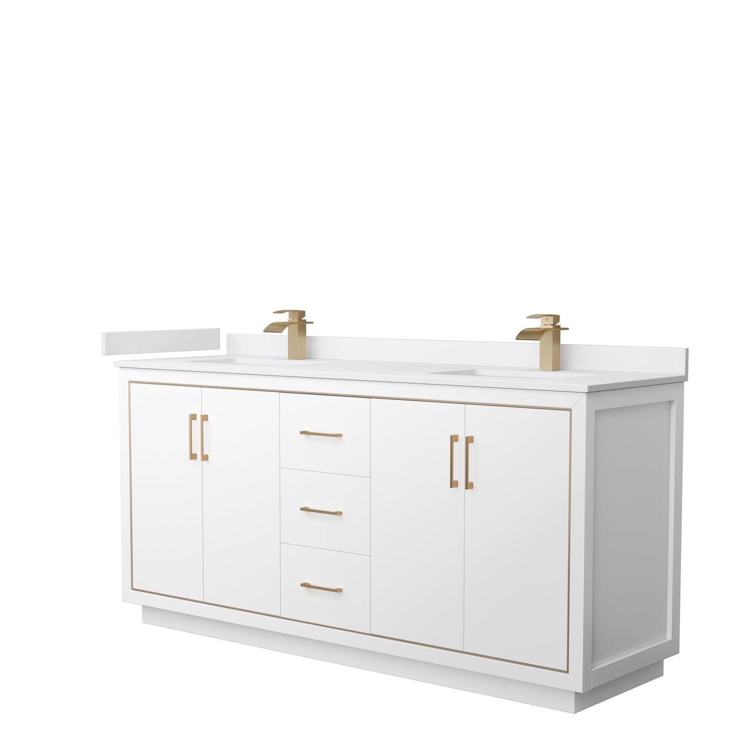 Wyndham Collection Icon 72" Double Bathroom Vanity in White, White Cultured Marble Countertop, Undermount Square Sinks, Satin Bronze Trim