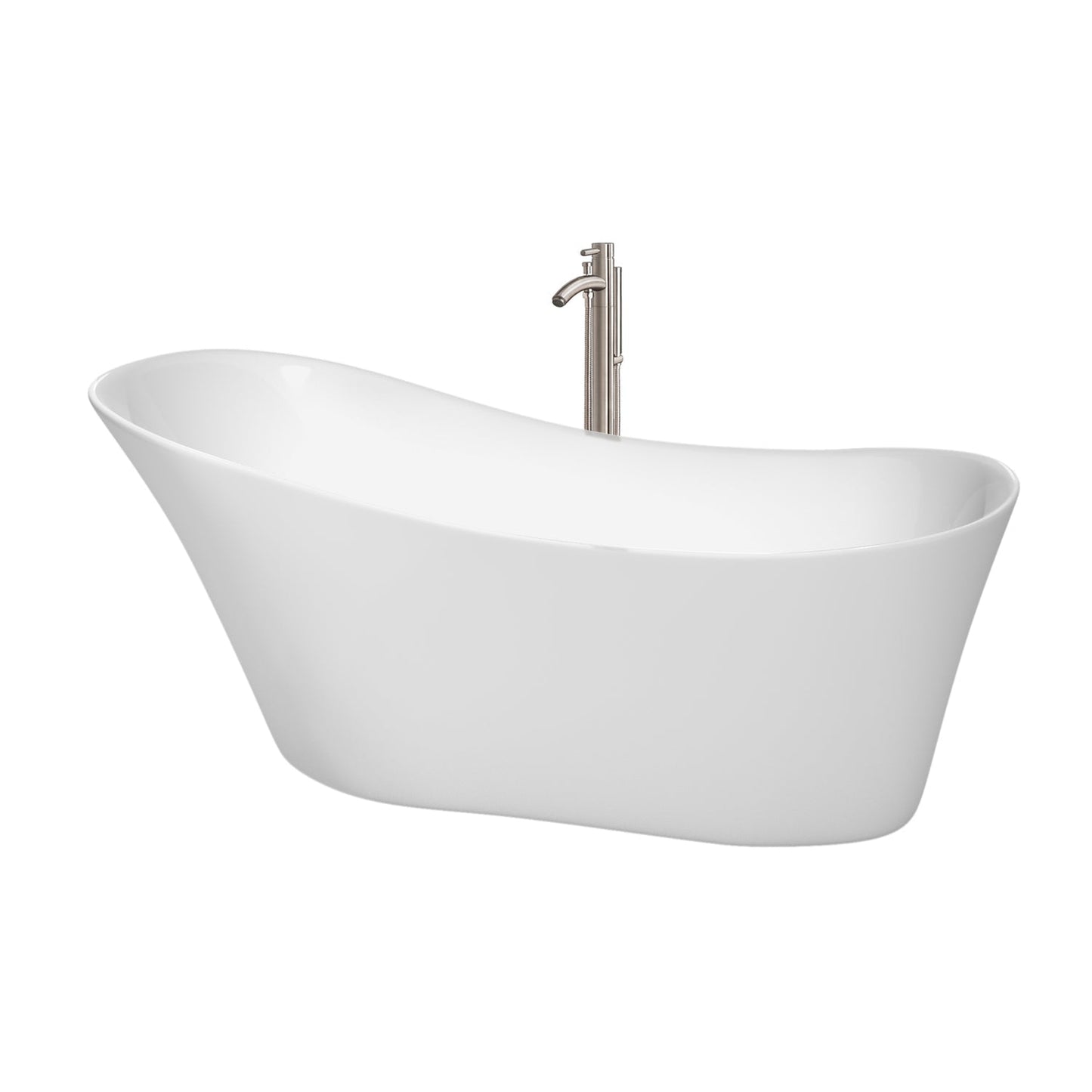 Wyndham Collection Janice 67" Freestanding Bathtub in White With Floor Mounted Faucet, Drain and Overflow Trim in Brushed Nickel