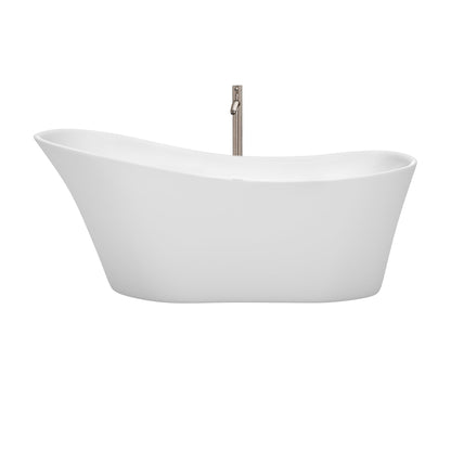 Wyndham Collection Janice 67" Freestanding Bathtub in White With Floor Mounted Faucet, Drain and Overflow Trim in Brushed Nickel