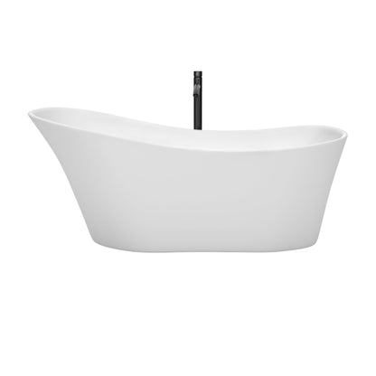 Wyndham Collection Janice 67" Freestanding Bathtub in White With Floor Mounted Faucet, Drain and Overflow Trim in Matte Black