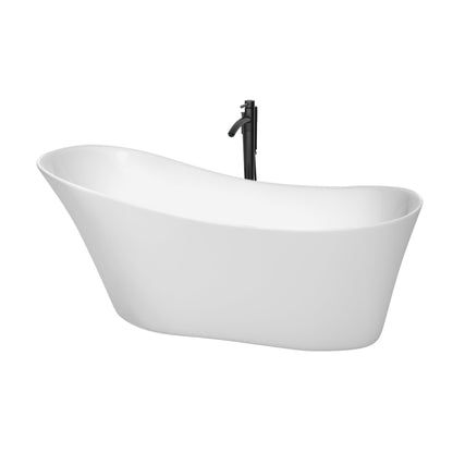 Wyndham Collection Janice 67" Freestanding Bathtub in White With Floor Mounted Faucet, Drain and Overflow Trim in Matte Black