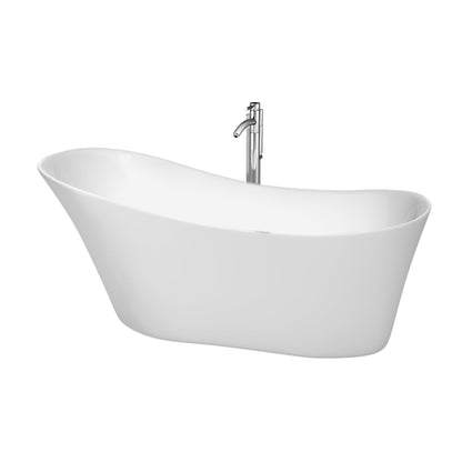 Wyndham Collection Janice 67" Freestanding Bathtub in White With Floor Mounted Faucet, Drain and Overflow Trim in Polished Chrome
