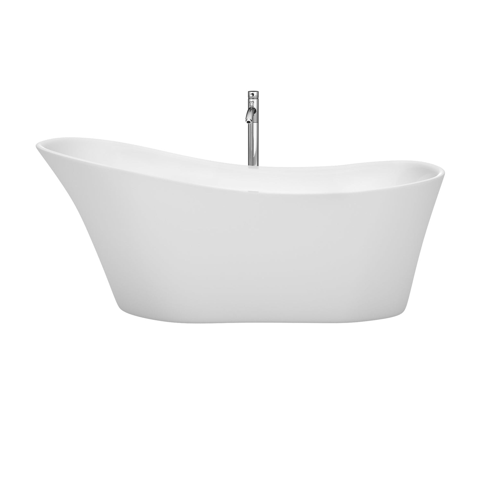 Wyndham Collection Janice 67" Freestanding Bathtub in White With Floor Mounted Faucet, Drain and Overflow Trim in Polished Chrome
