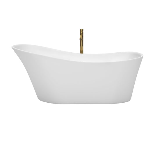 Wyndham Collection Janice 67" Freestanding Bathtub in White With Polished Chrome Trim and Floor Mounted Faucet in Brushed Gold