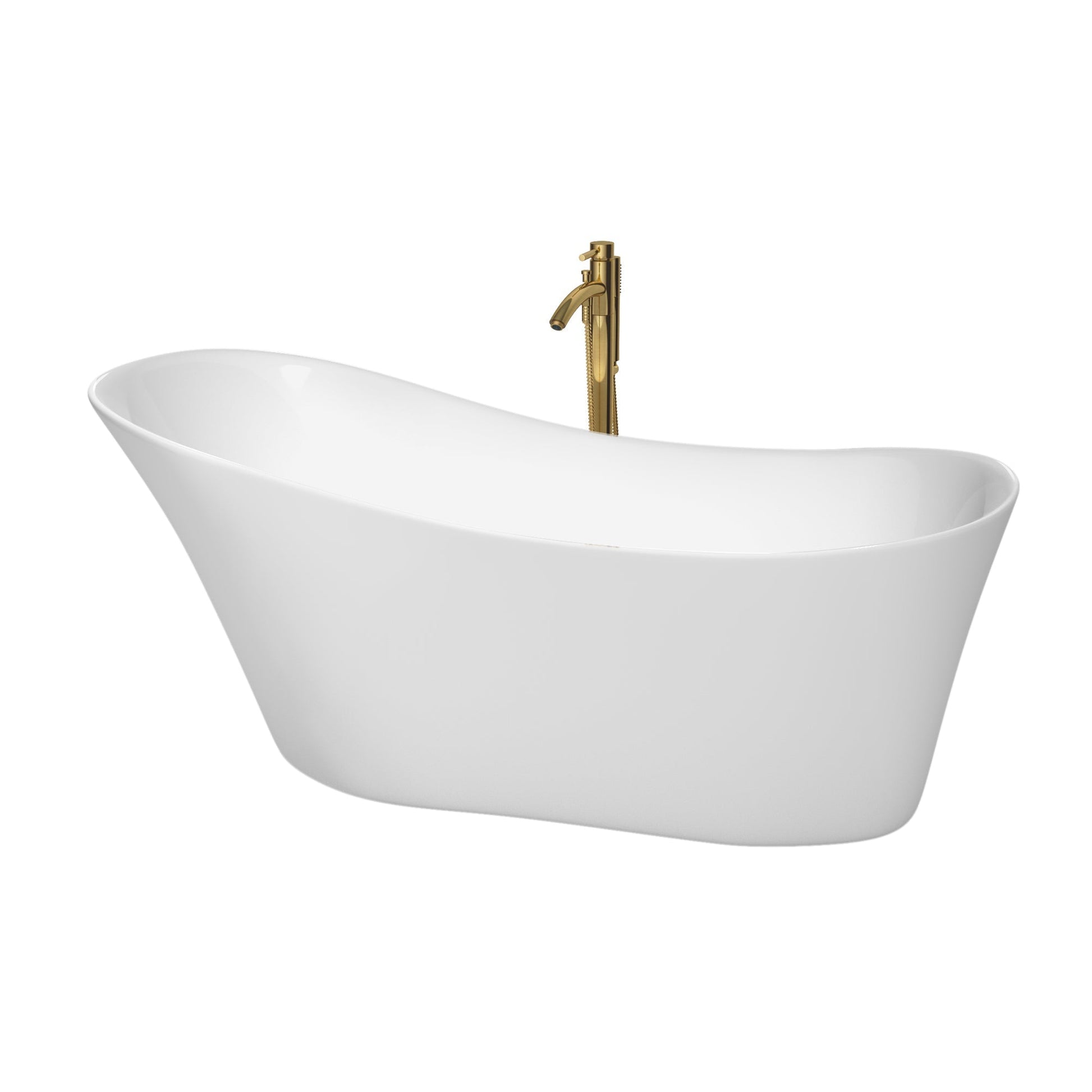 Wyndham Collection Janice 67" Freestanding Bathtub in White With Shiny White Trim and Floor Mounted Faucet in Brushed Gold