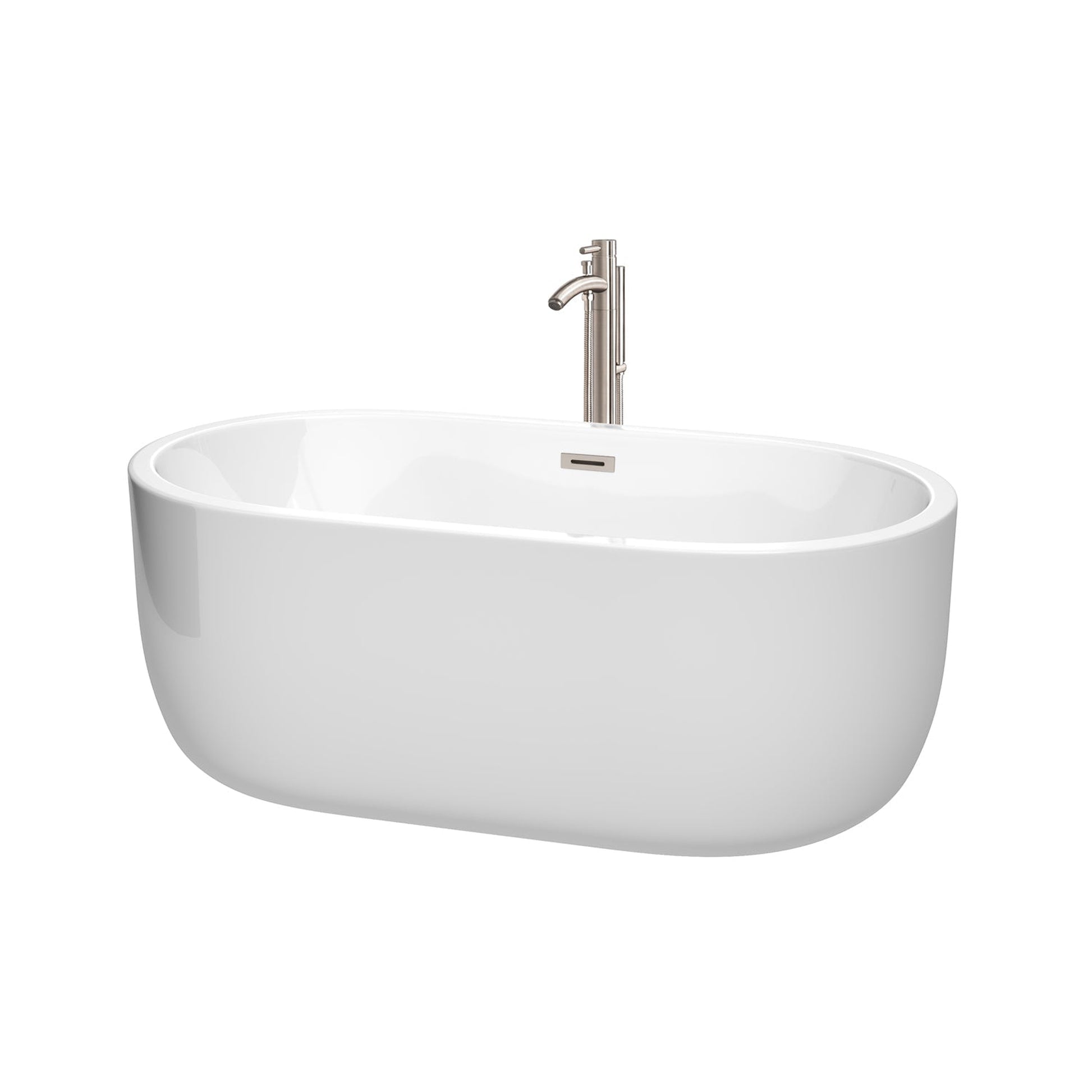 Wyndham Collection Juliette 60" Freestanding Bathtub in White With Floor Mounted Faucet, Drain and Overflow Trim in Brushed Nickel