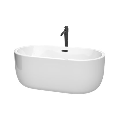 Wyndham Collection Juliette 60" Freestanding Bathtub in White With Floor Mounted Faucet, Drain and Overflow Trim in Matte Black