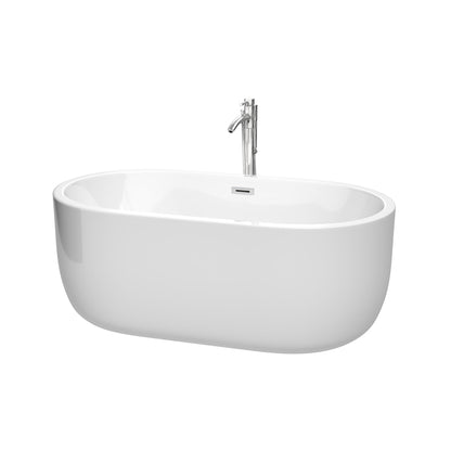 Wyndham Collection Juliette 60" Freestanding Bathtub in White With Floor Mounted Faucet, Drain and Overflow Trim in Polished Chrome