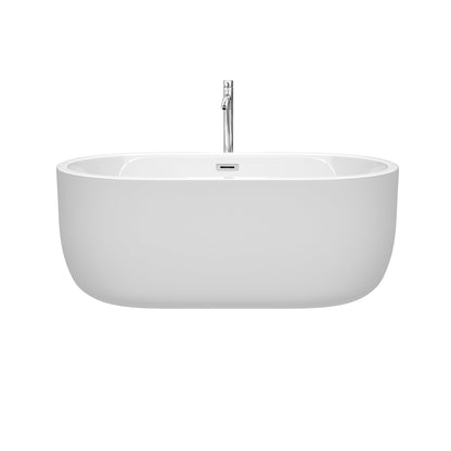 Wyndham Collection Juliette 60" Freestanding Bathtub in White With Floor Mounted Faucet, Drain and Overflow Trim in Polished Chrome