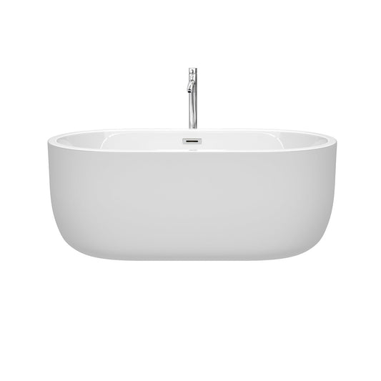 Wyndham Collection Juliette 60" Freestanding Bathtub in White With Floor Mounted Faucet, Drain and Overflow Trim in Polished Chrome