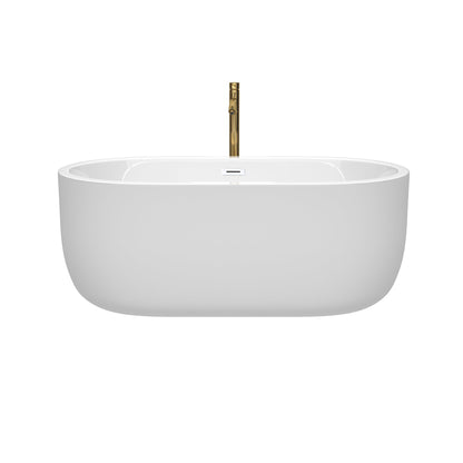 Wyndham Collection Juliette 60" Freestanding Bathtub in White With Shiny White Trim and Floor Mounted Faucet in Brushed Gold