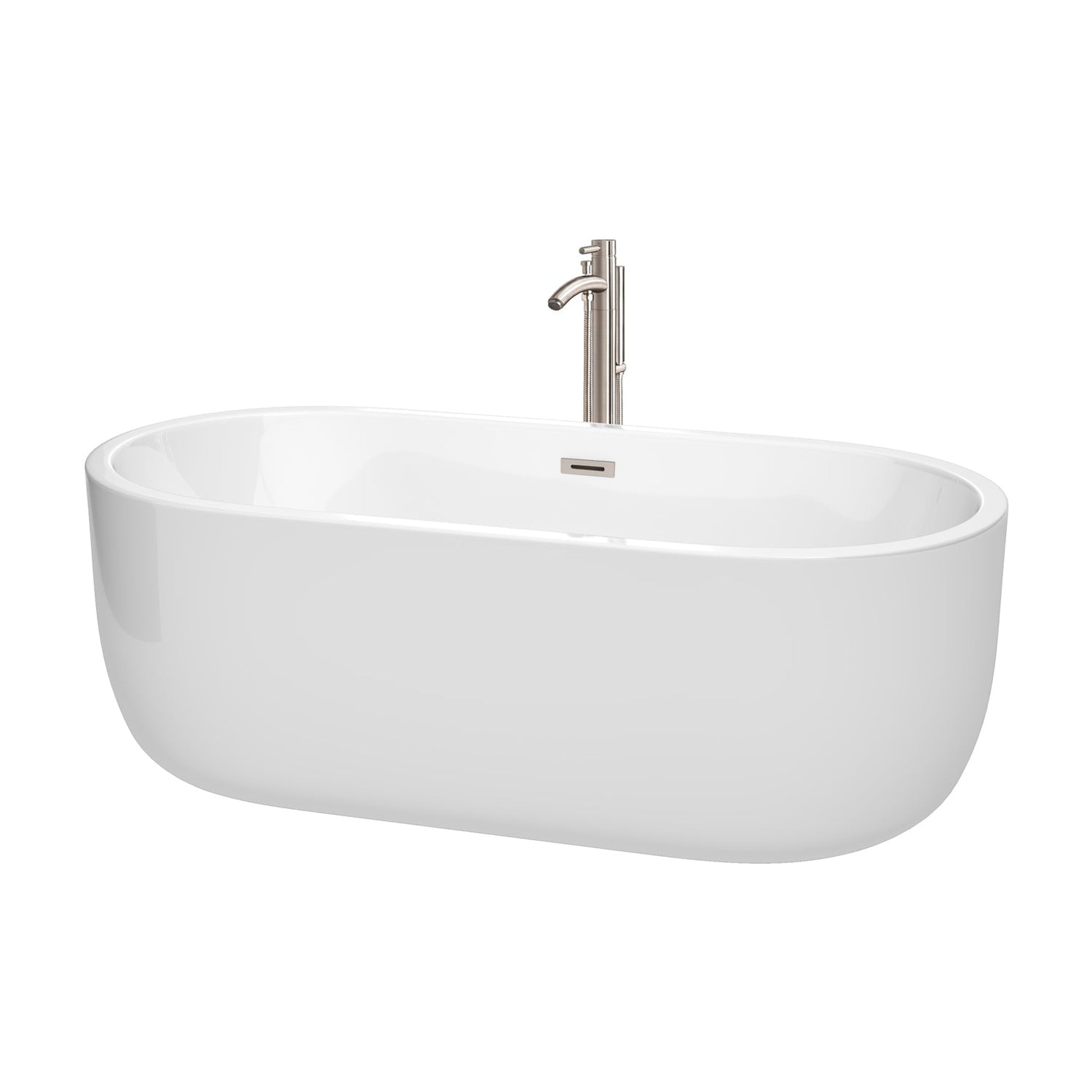 Wyndham Collection Juliette 67" Freestanding Bathtub in White With Floor Mounted Faucet, Drain and Overflow Trim in Brushed Nickel
