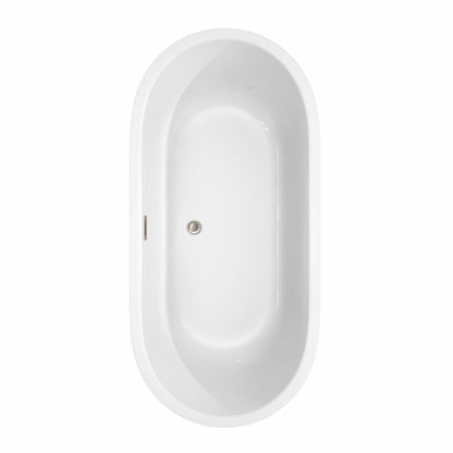 Wyndham Collection Juliette 67" Freestanding Bathtub in White With Floor Mounted Faucet, Drain and Overflow Trim in Brushed Nickel