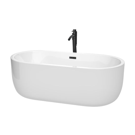 Wyndham Collection Juliette 67" Freestanding Bathtub in White With Floor Mounted Faucet, Drain and Overflow Trim in Matte Black